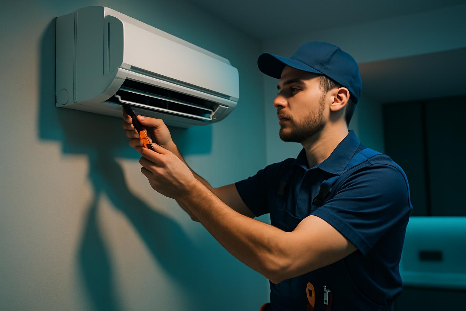 Técnico profesional reparando aire acondicionado